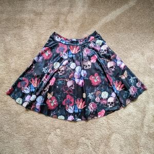 Floral Skull Print Skirt - Black and Red